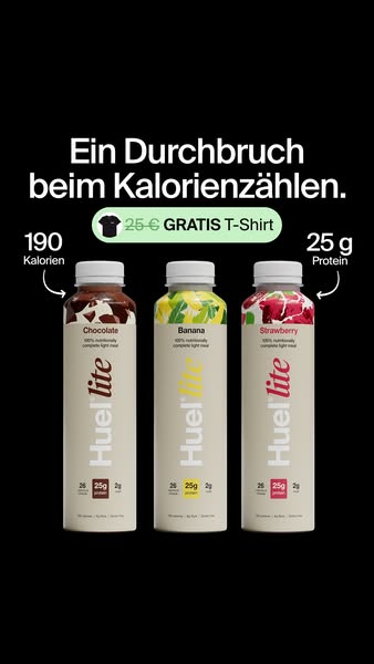 This ad for Huel promotes its ready-to-drink meal replacement shakes, highlighting low calories and high protein. It ent