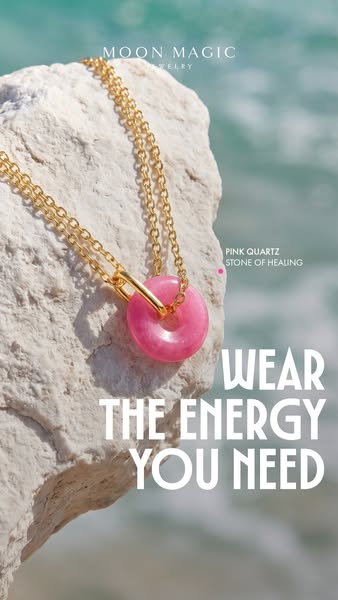 This ad promotes Moon Magic Jewelry, showcasing a pink quartz necklace. The ad focuses on the stone's healing proper