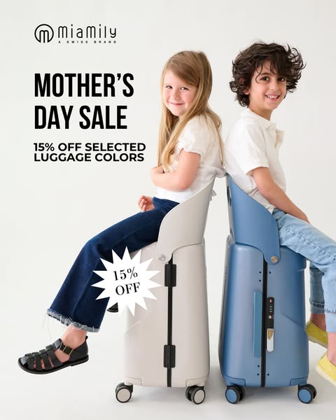This image ad showcases a children's ride-on suitcase product and highlights a Mother's Day sale of 15% off sele