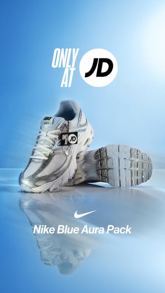This ad showcases the Nike Blue Aura Pack sneakers, emphasizing their exclusivity to JD Sports. The visual style is clea
