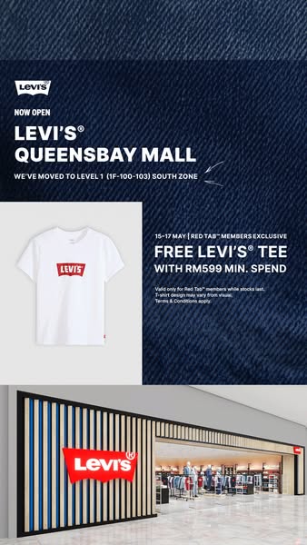 This image ad promotes the grand opening of a Levi's store in Queensbay Mall. It features a promotional offer for a 