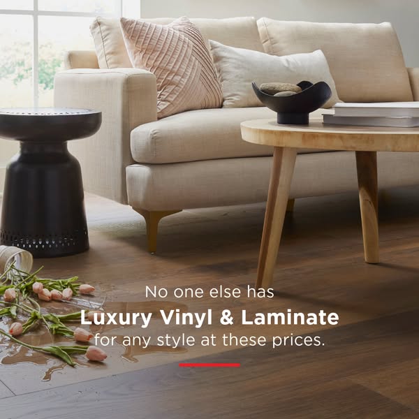 This image ad promotes luxury vinyl and laminate flooring, emphasizing affordability and style. The ad features a stylis