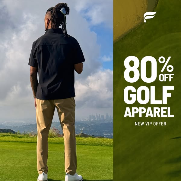 This ad features a man standing on a golf course overlooking a city in golf apparel while displaying an offer for 80% of
