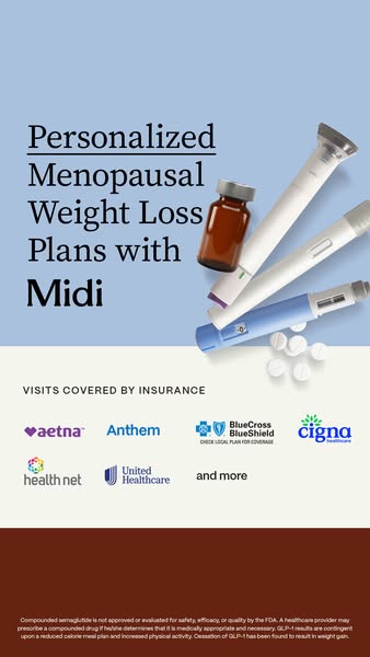 This image ad promotes Midi's personalized menopausal weight loss plans, highlighting insurance coverage for visits.