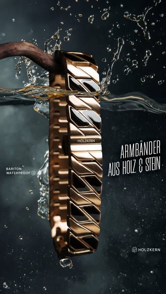 This image ad showcases the HolzKern brand's wood and stone watch band, emphasizing its waterproof feature through a