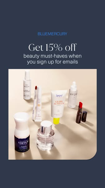 This image ad promotes Blue Mercury, highlighting a variety of beauty products and offering a 15% discount for signing u