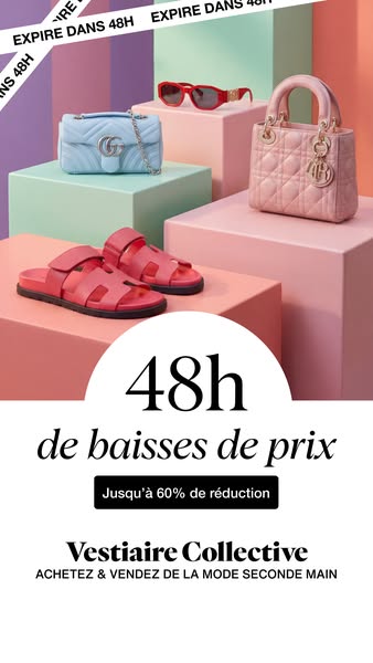 This image ad for Vestiaire Collective features a selection of designer items—including shoes, handbags, and sunglasses—