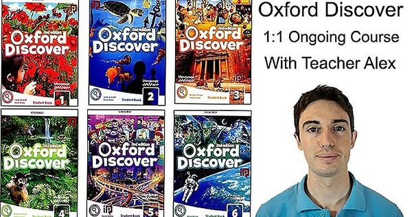 This ad promotes Oxford Discover, a 1:1 ongoing course with Teacher Alex. The ad features the covers of the Oxford Disco