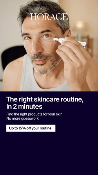 An image ad for Horace men's skincare. A man applies a Horace eye cream to his face.