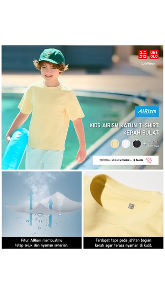 This image ad showcases Uniqlo's Kids AIRism cotton T-shirt, highlighting its cooling and comfortable features with