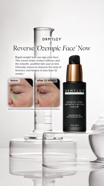 This ad features DRMTLGY's Needle-Less Growth Factor Serum. It highlights the potential for the serum to restore ful