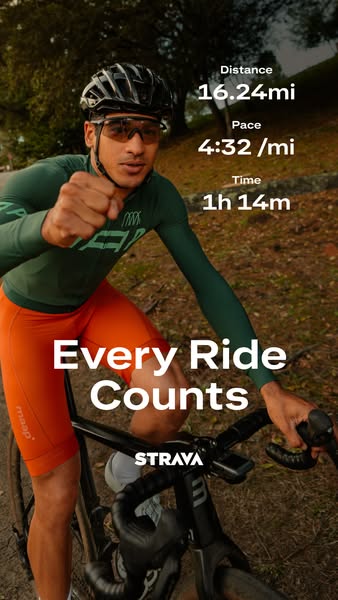 An image of a cyclist wearing a MAAP branded cycling kit and Strava data. The overlay on the top shows their distance, p