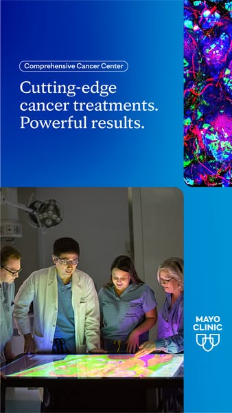 This ad for the Mayo Clinic promotes their cancer treatment center and cutting-edge treatments.