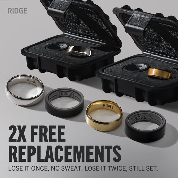 This image ad for Ridge promotes their rings, highlighting a unique offer of 2 free replacements. The ad features a vari