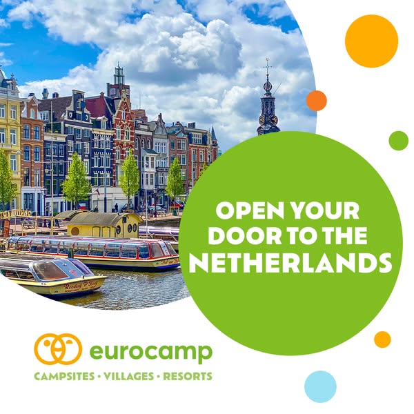 This image ad for Eurocamp promotes vacations in the Netherlands. It features a scenic view of Amsterdam's canals an