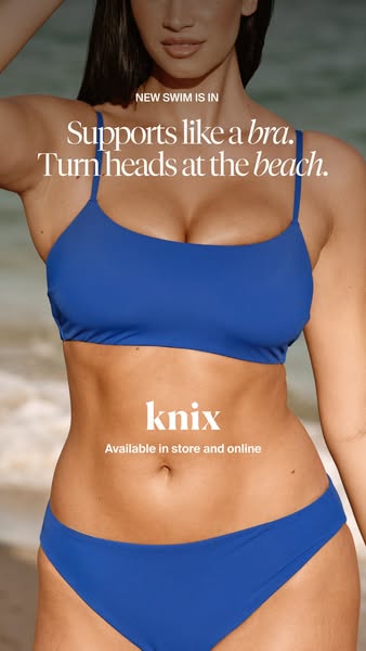 This Knix image ad highlights the features of the brand's new swimwear line and is intended for the middle of the fu