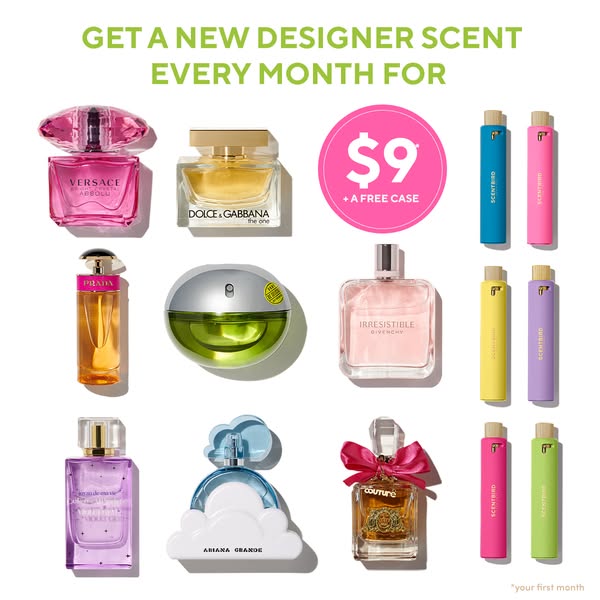 This ad showcases a variety of perfumes alongside the Scentbird product, highlighting the $9 deal for a new designer sce