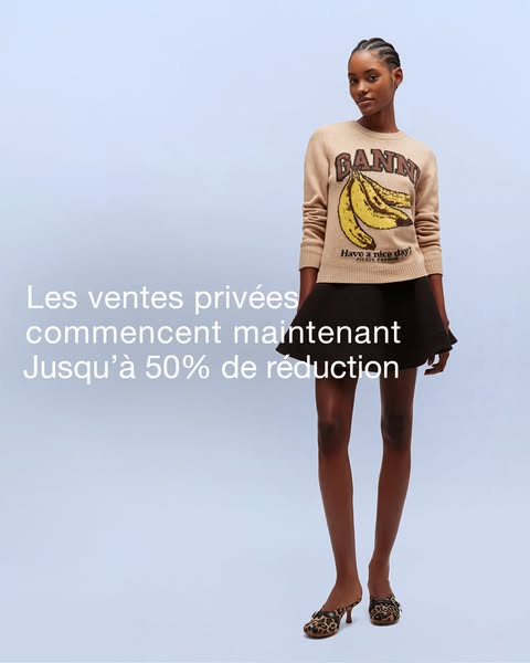 This ad features a model wearing a GANNI sweater and skirt. The ad promotes private sales with discounts up to 50%.