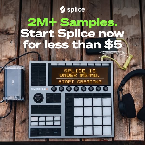 This image ad for Splice promotes over 2 million samples available when users start Splice for less than $5/month. The a