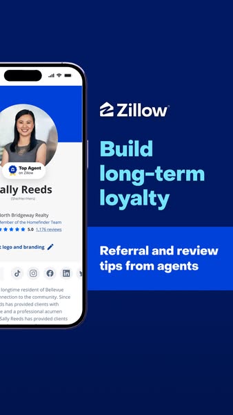 The image features a screenshot of a Zillow agent's profile page on a mock mobile device. The ad promotes Zillow'