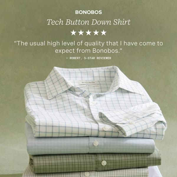 This image ad showcases Bonobos' Tech Button Down Shirt, emphasizing its high quality through a customer testimonial