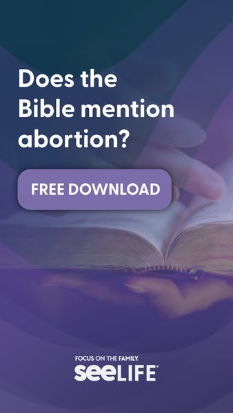 The ad shows an opened bible with the question, 'Does the Bible mention abortion?' A button reads 'Free down