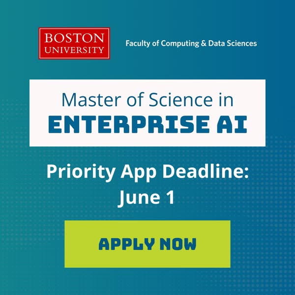 The ad promotes the Master of Science in Enterprise AI program at Boston University, highlighting a priority application