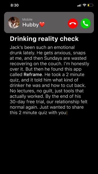 The ad is designed to look like a mobile phone screen with a phone call coming in from "Hubby." The copy prese
