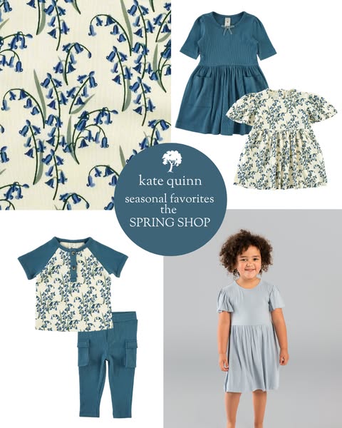 This ad showcases Kate Quinn's seasonal spring favorites. It features dresses and clothing sets in floral patterns o