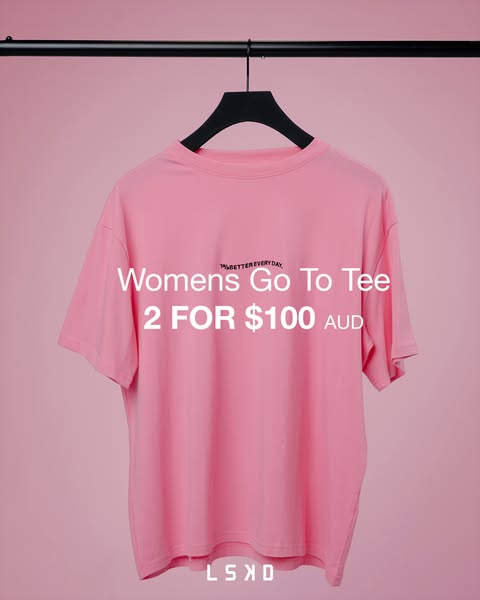 A product shot of the Women's Go To Tee from LSKD, with an offer of 2 for $100 AUD.
