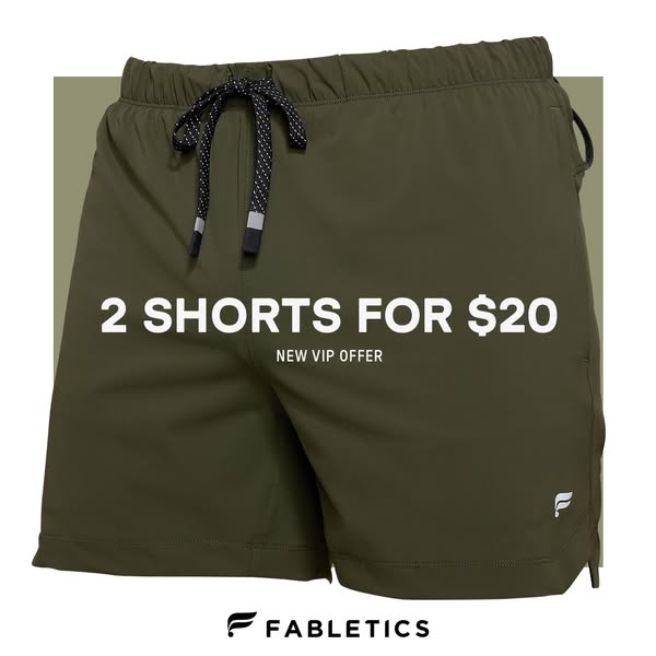 This image ad features Fabletics shorts and highlights a special VIP offer of 2 shorts for $20.