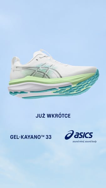 This image ad showcases the ASICS GEL-KAYANO™ 33 shoe against a blue background and uses text that translates to 'Co