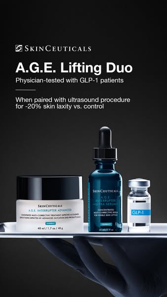 This ad showcases SkinCeuticals' A.G.E. Lifting Duo, emphasizing its physician testing and effectiveness in reducing