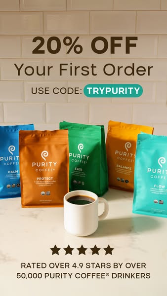 This ad for Purity Coffee promotes a discount on the customer's first order. The ad features five bags of coffee and