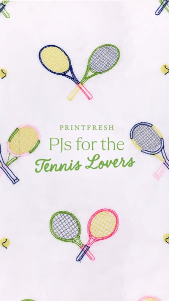 This ad features an image of an embroidered fabric. The image shows embroidered tennis rackets and tennis balls scattere