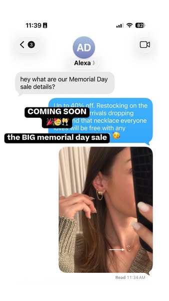 This ad is for a jewelry sale in the form of a screenshot of a text conversation between two people regarding details fo