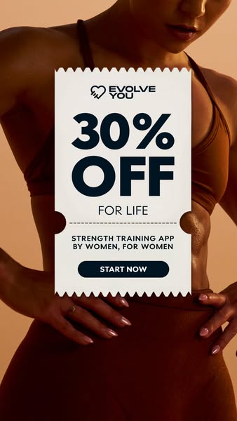 The image ad showcases a woman in workout attire, promoting the Evolve You strength training app. It highlights a 30% of