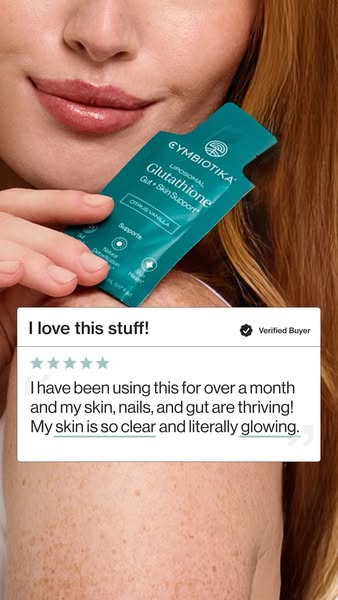 This image ad features a woman holding a Cymbiotika Glutathione packet in front of her face while a customer testimonial