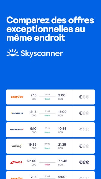This ad for Skyscanner shows a list of flight options from different airlines. The ad highlights the ability to compare 