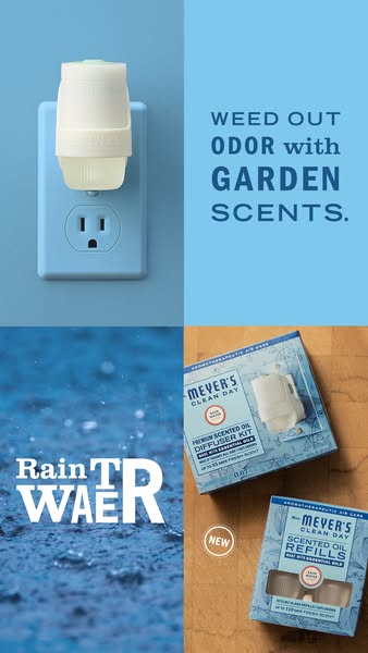 This ad is for Meyer's Clean Day scented oil diffuser kits and refills. It promotes the ability to weed out odor wit