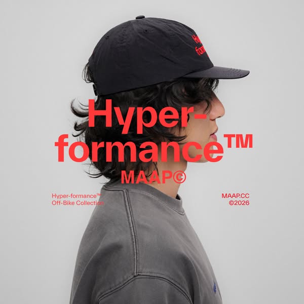 This ad features a person modeling apparel from the MAAP "Hyper-formance™ Off-Bike Collection". The ad uses a 