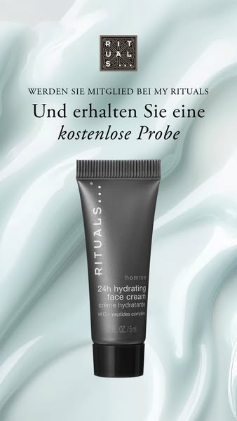 This Rituals ad promotes the Rituals Homme 24h Hydrating Face Cream, offering a free sample to new members.