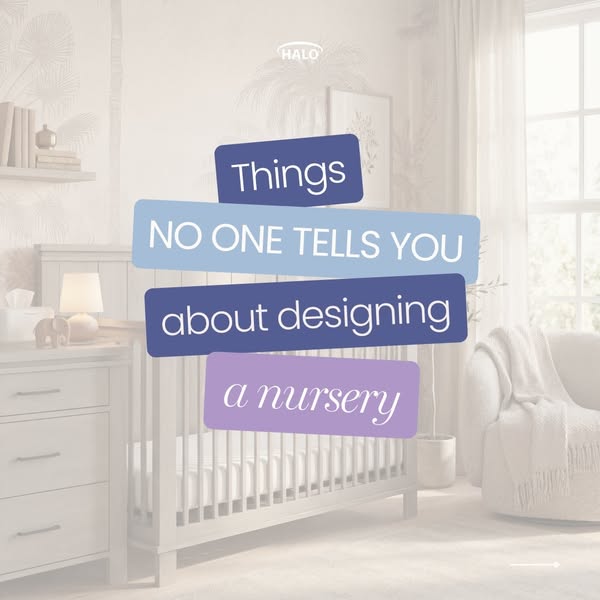 This ad features a light and airy nursery scene, with text overlays highlighting the unspoken challenges of designing su