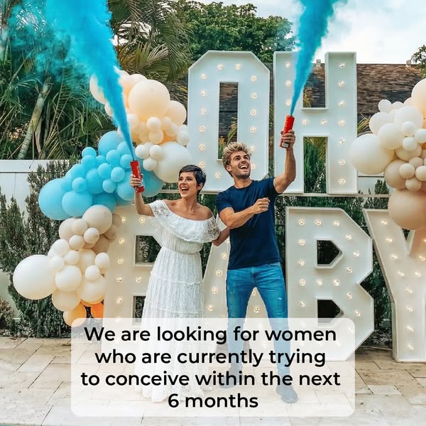 The ad shows a happy couple celebrating what appears to be a gender reveal. Overlayed text indicates that the brand is l