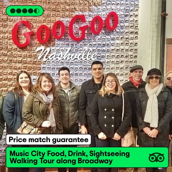 This ad promotes a walking tour of Nashville, focusing on food, drink, and sightseeing along Broadway. It features a gro