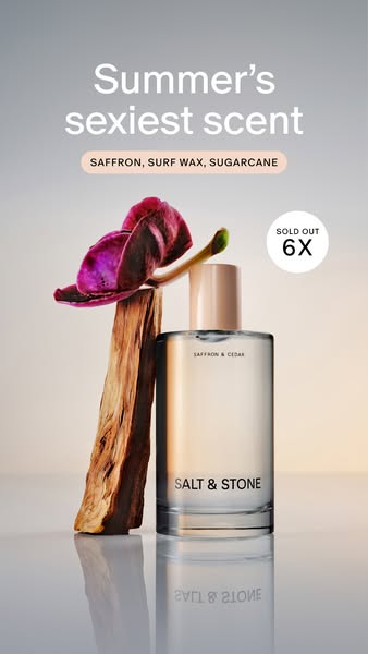 Image ad for Salt & Stone Saffron & Cedar fragrance, promoting it as "Summer's sexiest scent" and 