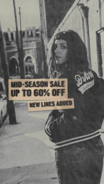 This image ad is promoting a mid-season sale of up to 60% off, with new lines added, through the use of a black-and-whit