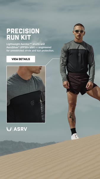 This ad showcases ASRV's Precision Run Kit, highlighting its lightweight Aerotex™ shorts and AeroSilver® UPF50+ shir