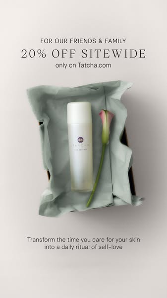 This ad features the Tatcha brand and an offer for 20% off sitewide for friends & family. The image is an aesthetic