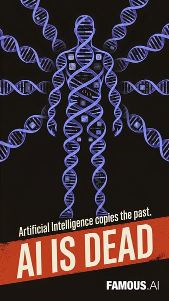 This ad uses a visually striking image of a human figure constructed from DNA strands and computer code to question the 
